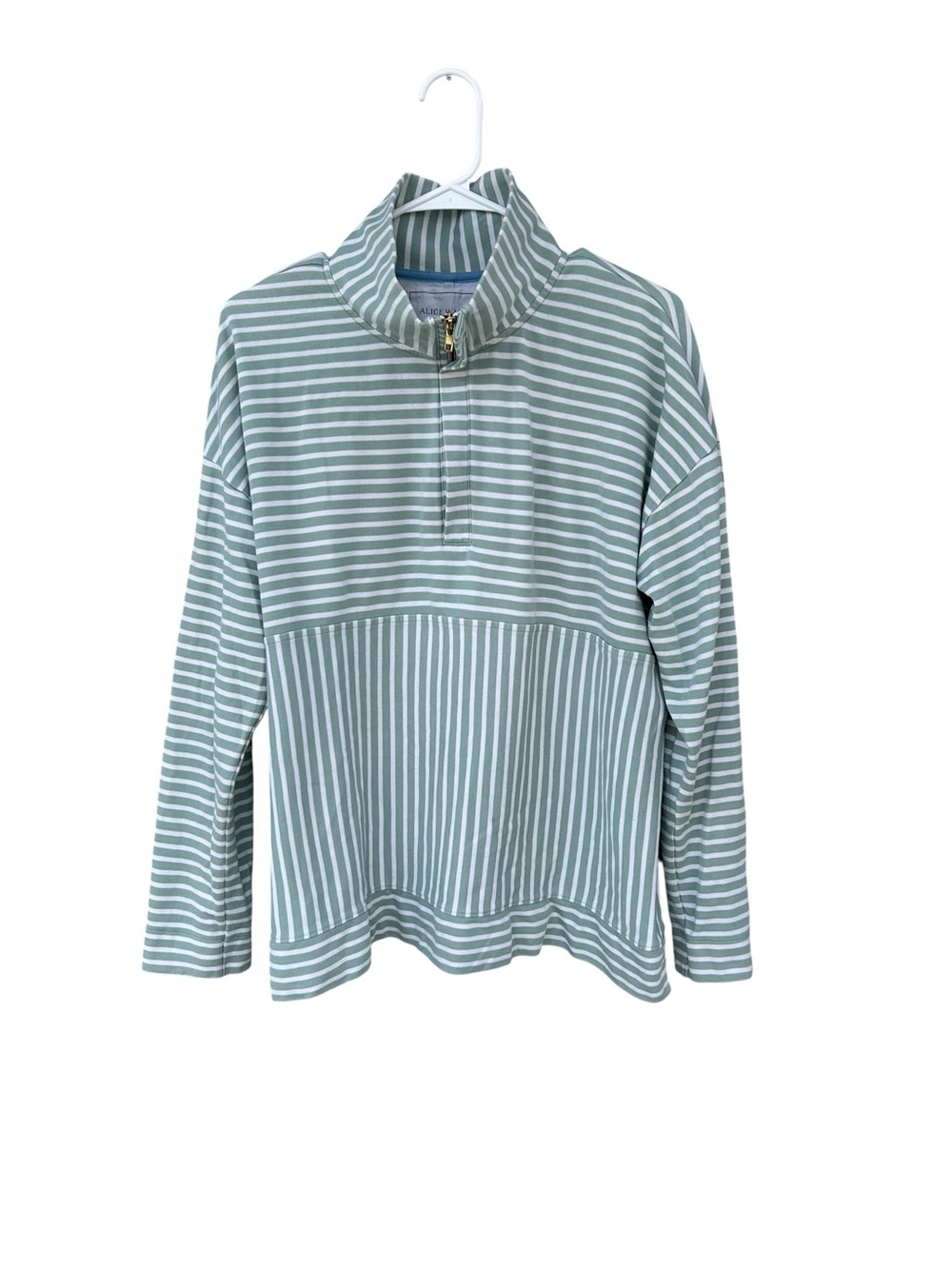 Alice Walk Striped Half-Zip Pullover in Sage and White - Size XL - Peruvian Pima - Picture 2 of 10